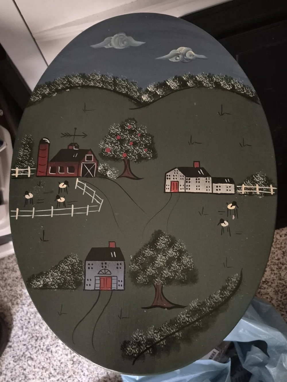 Vintage Wooden Hand-Painted  Oval Cottage Country Scene Tilt Tea Table